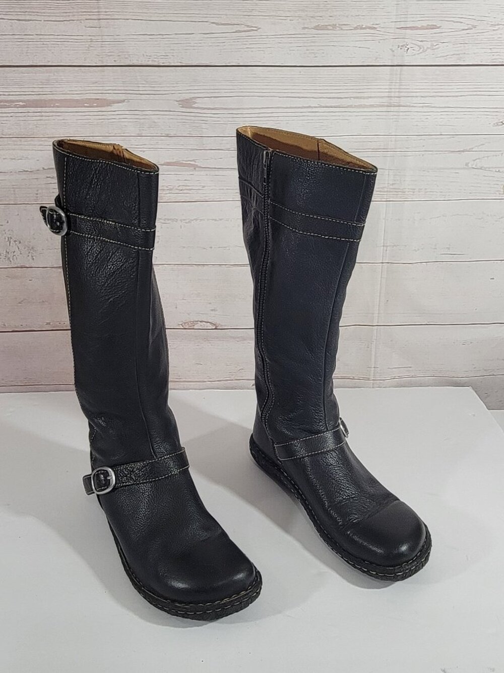 Born Double Buckle Tall Riding Boots Womens 10 Black Pebbled Leather Zipper